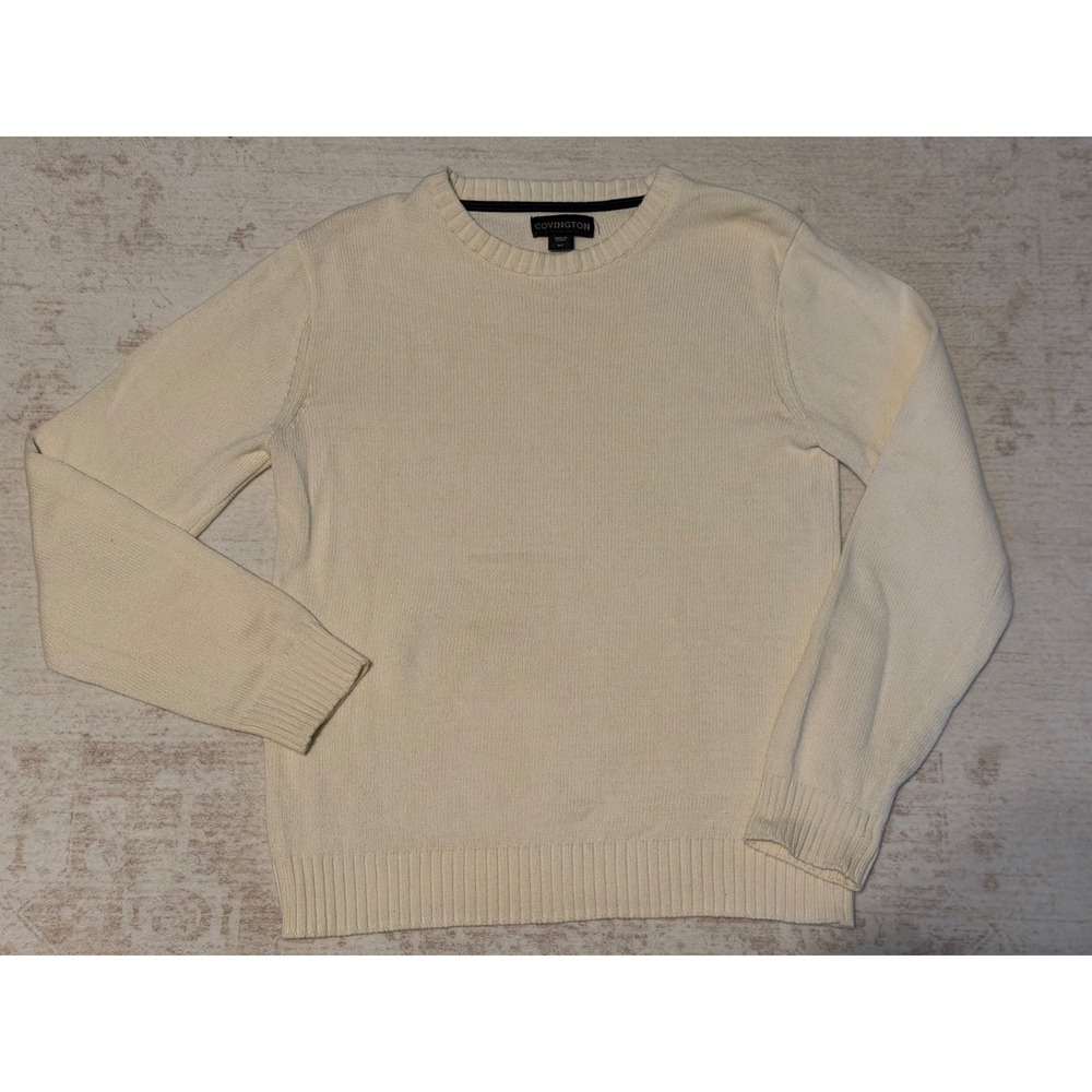 Covington Womens Small Cream Crew Neck Cotton Knit Sweater Long Sleeve Off White